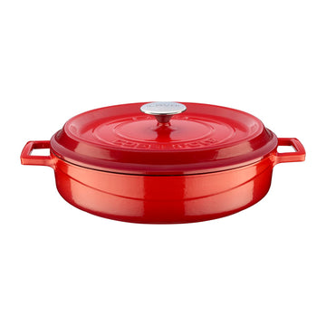 3.7 Quart Enameled Cast Iron Braiser: Multipurpose Stylish Red Round Dutch Oven Pot with Enameled Black Interior and