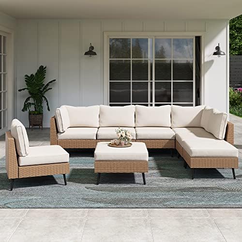 8-Piece PE Rattan Outdoor Patio Furniture Set | Beige All-Weather Resistant with Thick Cushions for Backyard, Garden & Porch