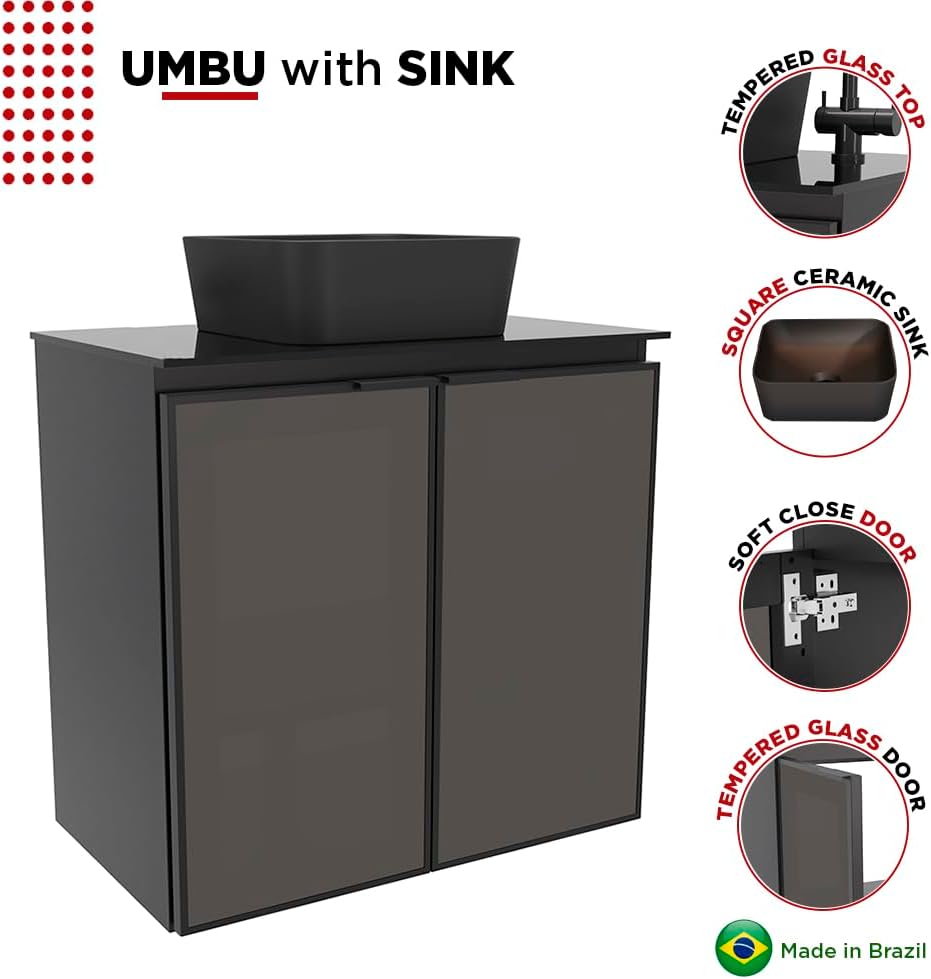 24" Black Steel Bathroom Vanity Set with Tempered Glass Countertop - Industrial Vanity Cabinet
