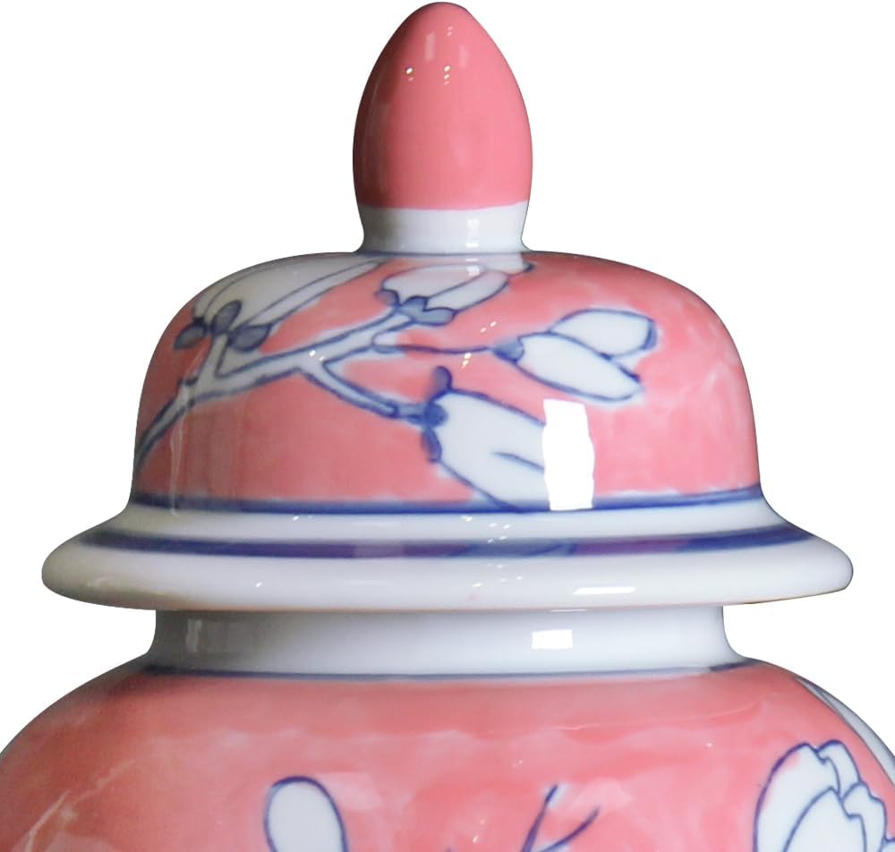 Pink Floral Ceramic Ginger Jar with Poetry Design, Hand-Painted White Blossoms on Pink Background, Decorative Vase