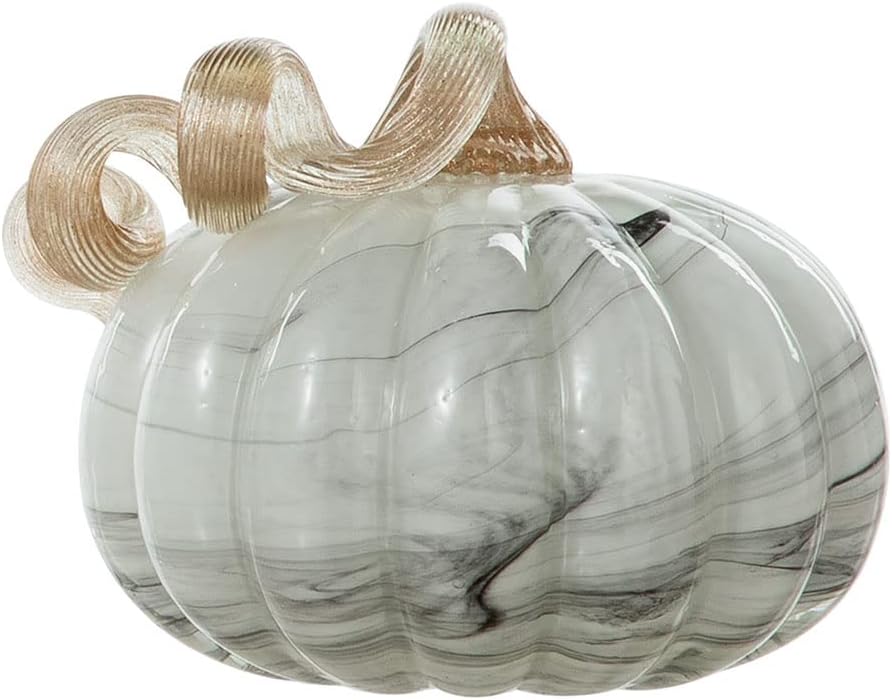 Hand Blown Glass Pumpkin Table Accent for Fall Harvest Decorating for Mother Gray Marble 4.13" H