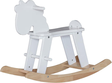 White Wooden Rocking Horse for Preschool (Ages 3-6) - Solid Rubber Wood, Safe & Comfortable Footrest, Supports
