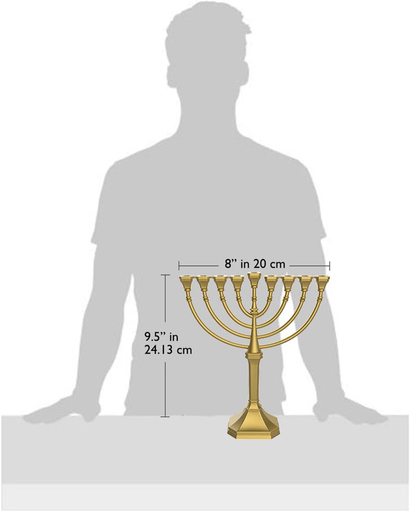 Traditional Graceful Style 9.5" Tall Non Tarnish - Precision Die Cast Classic Chanukah Candle Menora (Satin Gold)
