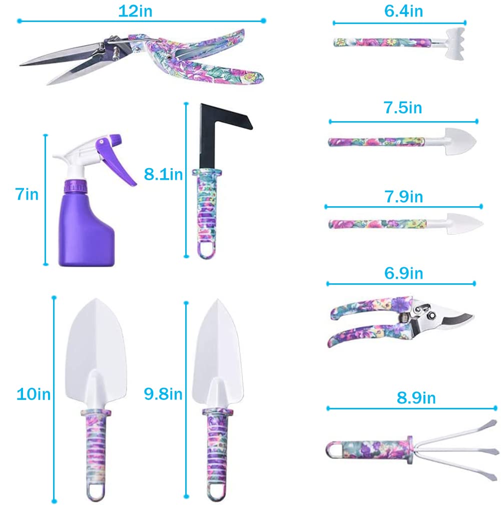 Gardening Tools, 10 Pieces Garden Tools with Floral Print, Ergonomic Handle Trowel Rake Weeder Pruner Shears