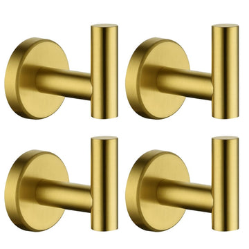 Bathroom Towel Hook Brushed Gold, Brass Coat Robe Clothes Hook Kitchen Garage Wall Mounted (Pack of 4), SUS 304
