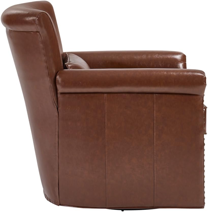 360° Swivel Accent Chair, Genuine Leather Swivel Barrel Chair, Brown
