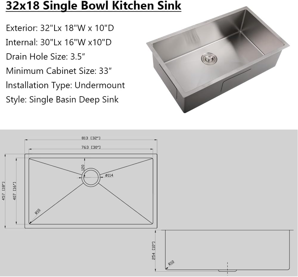32 Inch Undermount Kitchen Sink Stainless Steel | 32x18 Stainless Steel Kitchen Sink Undermount 16 Gauge Under