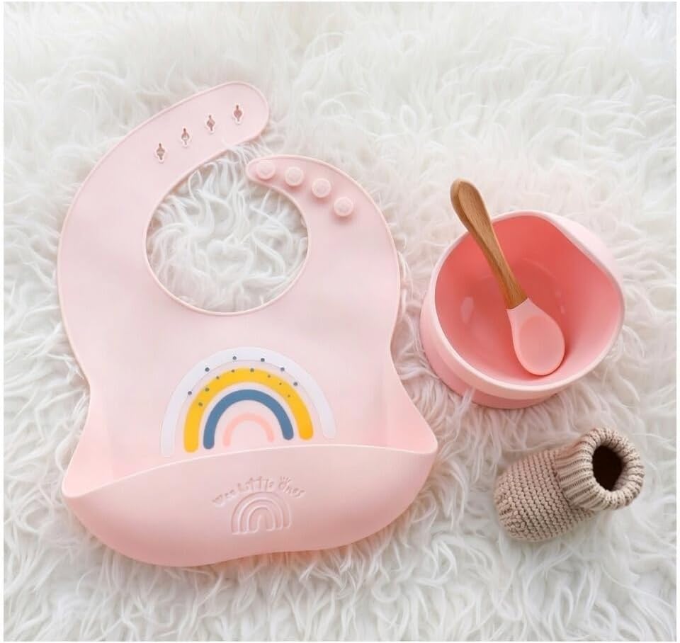Silicone Bib and Suction Bowl Set - Baby Led Weaning Feeding Set with Adjustable Bib, Food Catcher Pocket, Strong