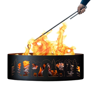 Wolves Unpainted 12 in. Tall 30 in. Diameter Outdoor Fire Ring with Fire Poker - 30 x 30 x 12 in. - Rustic