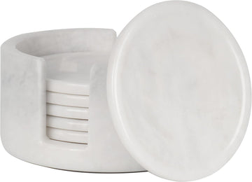 Round Marble Coasters with Holder - White Stone 3.5 Inch - Set of 6