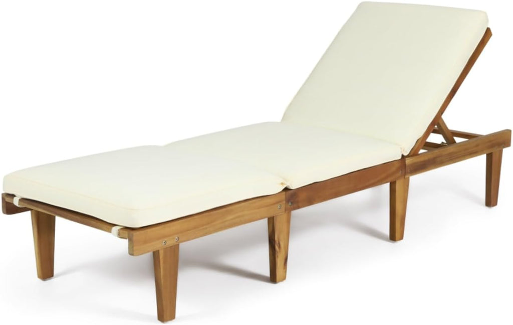Acacia Wood Chaise Lounge with Removable Cushion Lounge Chair with Water Resistant Cushion & 5 Adjustable Positions