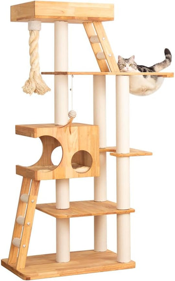 Modern Cat Tree for Large Cats, Solid Wood Cat Tower Heavy Duty with Scratch Post Stair Cat Condo Acrylic Bowl