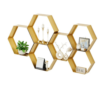 Hexagon Floating Shelves, Metal Honeycomb Shelves Set of 6, Gold