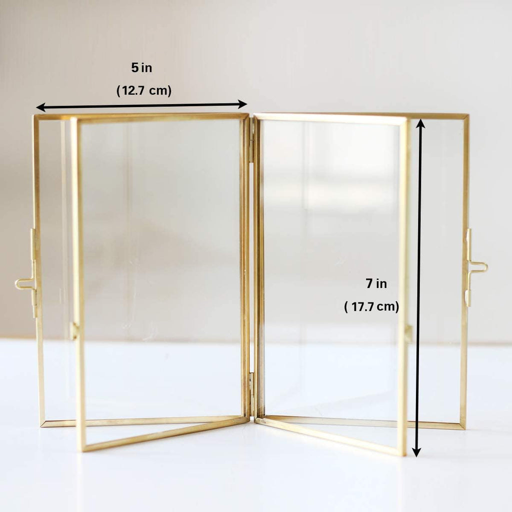 Gold Picture Frame - 5×7 Double Folding Glass Frame for Pressed Flowers - Vintage Brass Metal and Floating Frame