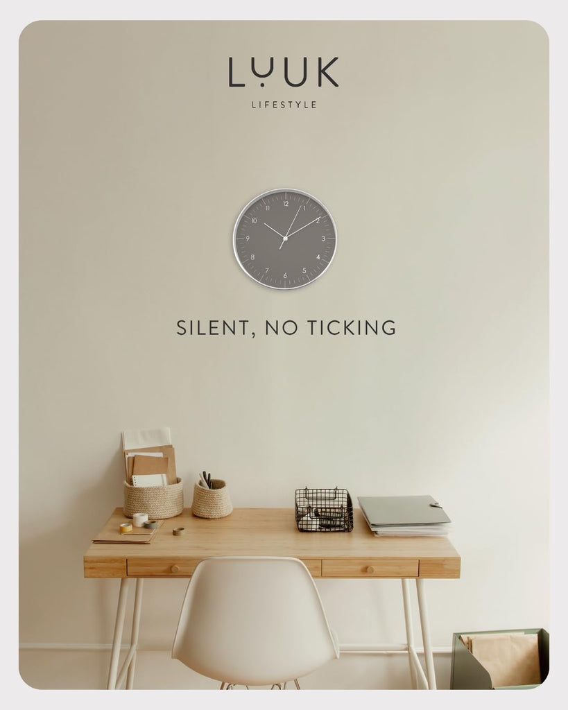 Modern Silent Quartz Wall Clock, 12in, Dark Grey & Gold