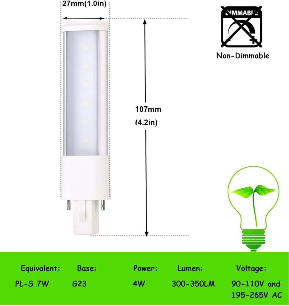 2pcs L135mm/5.3" 2-Pack 4W G23 Bulb 2-Pin Plug-in Horizontal Retrofit Lamp CFL PLS-7W Replacement 110V 220V 180° View