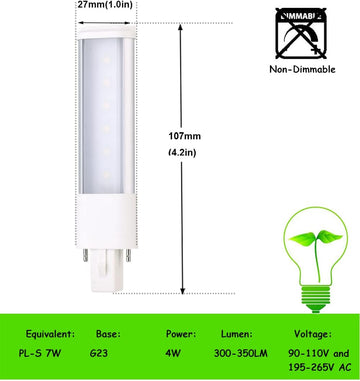 " 2-Pack 4W G23 PL-S 7W Plug in Recessed PL Bulb 2-Pin Horizontal Retrofit CFL PLS-7W Replacement 110V 220V