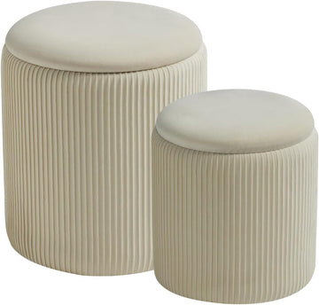 Set of 2 Round Storage Ottoman, White Velvet Ottoman with Storage | Upholstered Padded Vanity Stool, Multifunctional
