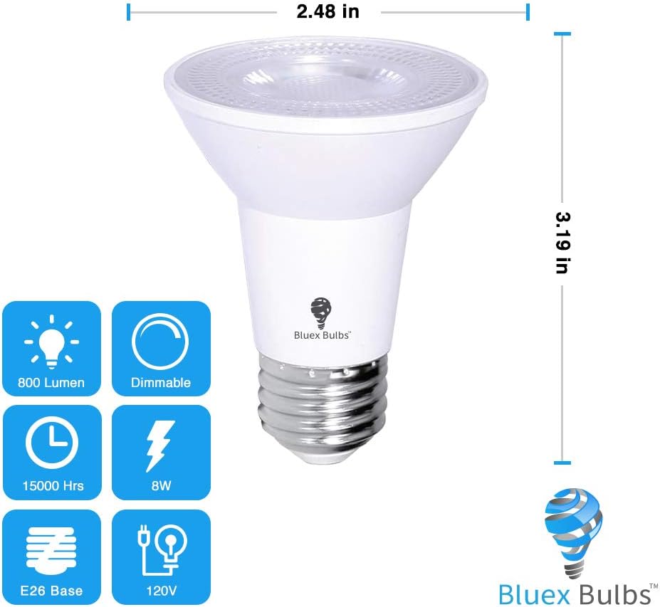 2 Pack PAR20 Outdoor LED Flood Light Bulb 8W 75 Watt Equivalent 500 Lumens Dimmable Waterproof E26 5000K Cool White