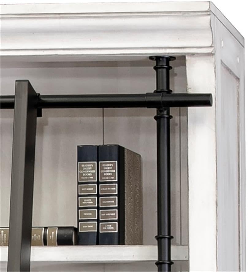 120" 3-Section Bookcase Wall, Solid Wood, Aged White Finish, Rolling Ladder, 5 Adjustable Shelves Per Section, French