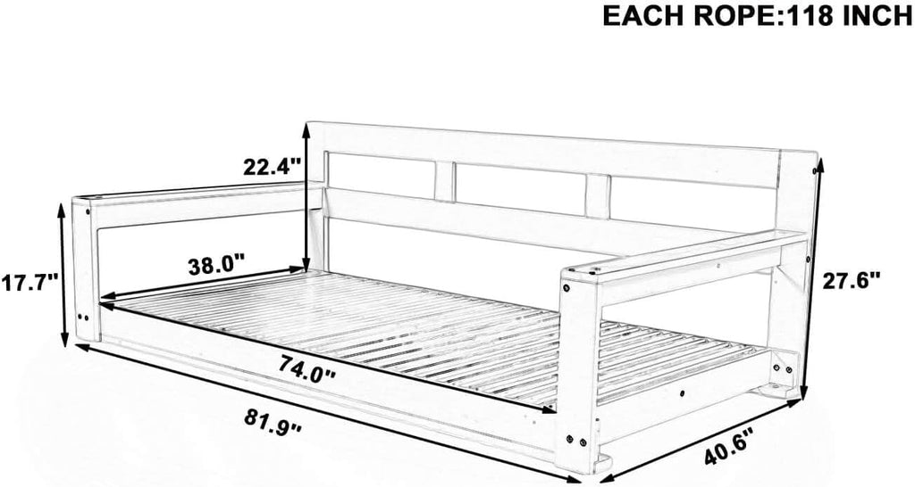 Twin Size Wooden Porch Swing Bed with 4 Heavy Duty Ropes, Outdoor Hanging Daybed Swing Bench Backyard Garden, Acacia