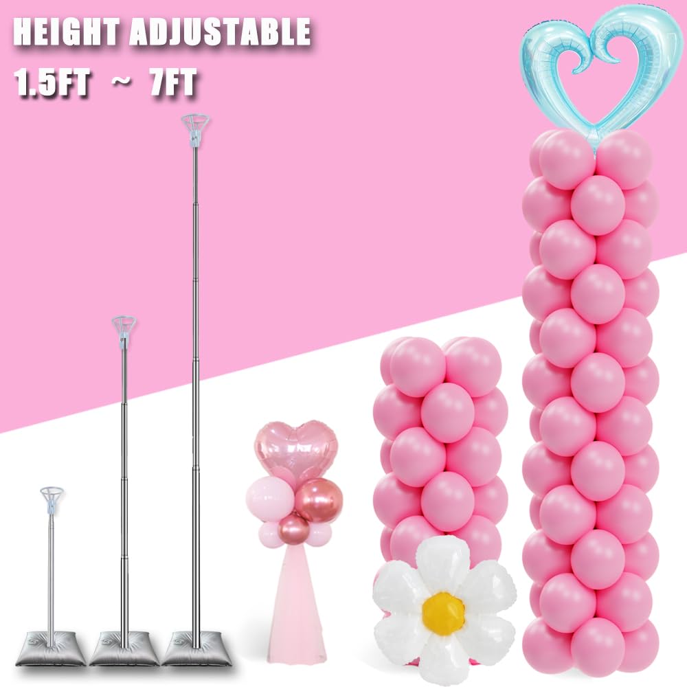 Balloon Column Stand Set of 2, Adjustable 7 Feet Ballon Arch Stands with Bases for Floor, Tall Baloon Tower Pillar