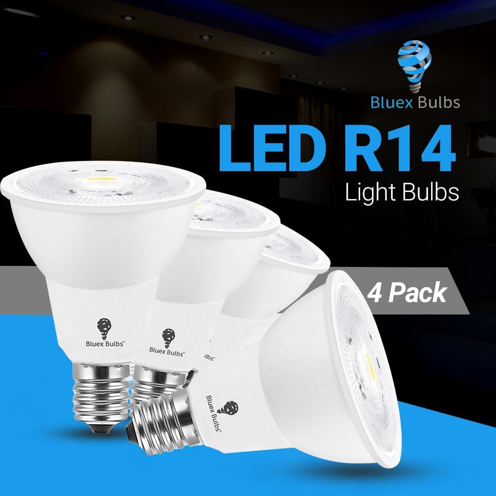 4 Pack R14 LED Bulb 6W E17 Base Mini Spotlight Floodlight Light Bulb Dimmable White - 60W Equivalent - R14 Reflector