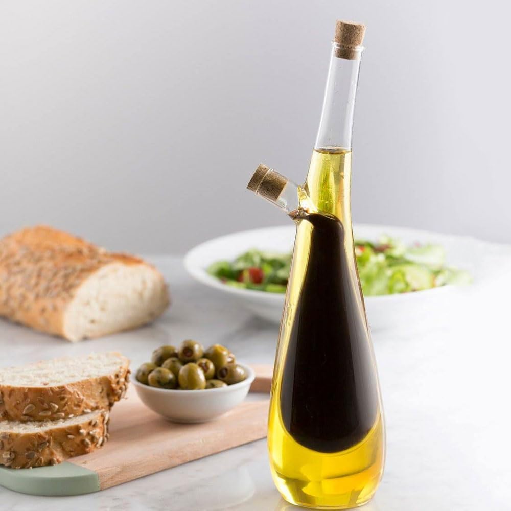 Oil and Vinegar Dispenser Set, 2 in 1 Olive Oil and Vinegar Cruet Dispenser Bottle with Cork Stoppers, Transparent
