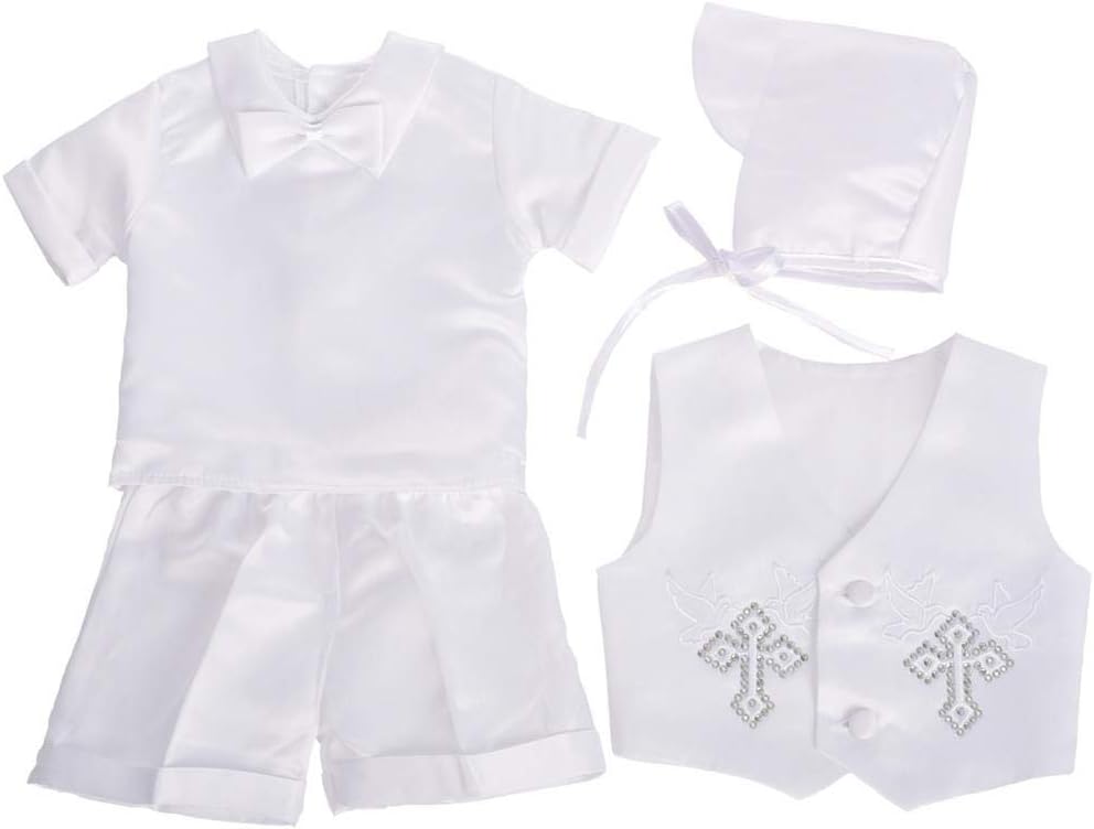 Baby Boys Christening Suit White Baptism Outfits with Bonnet