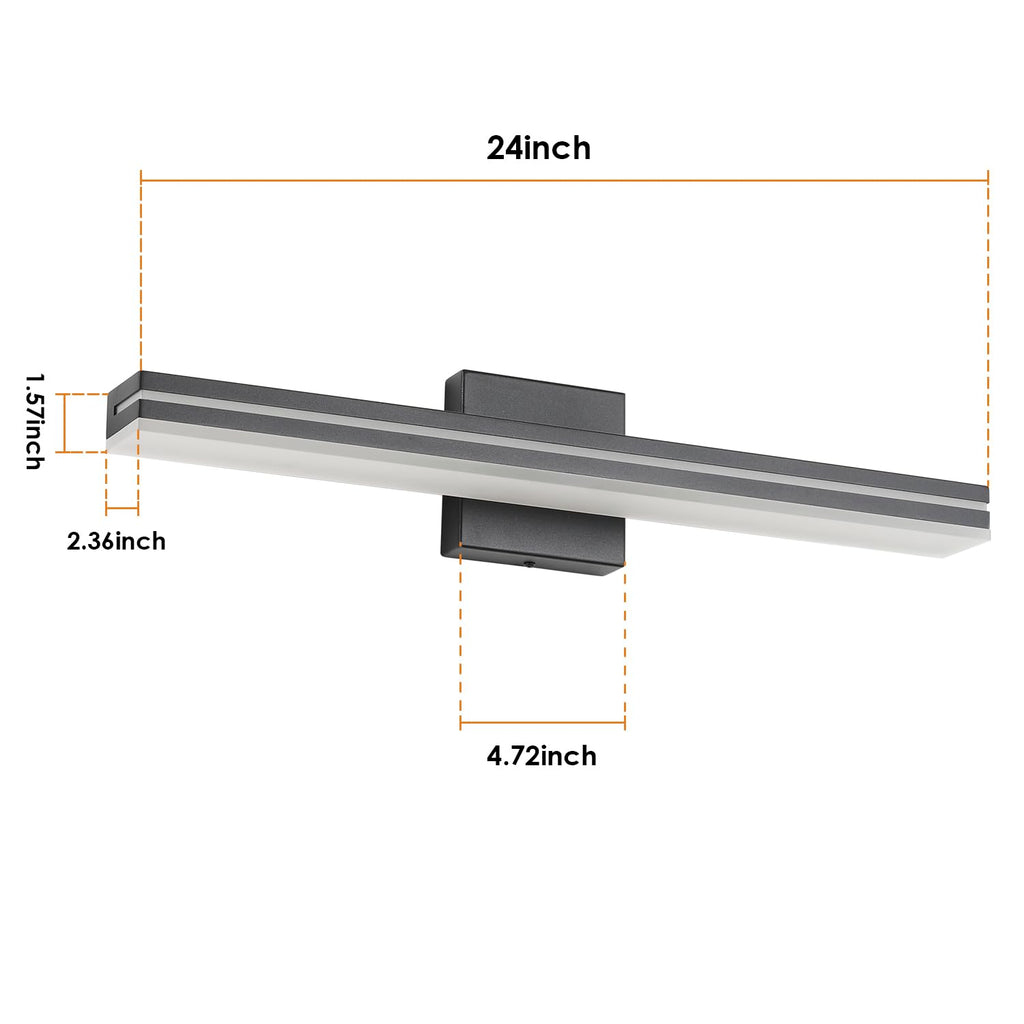 LED Modern Bathroom Vanity Light Bar (24-Inch, 3000K/4000K/6000K), Matte Black Dimmable Modern Acrylic Bathroom Wall