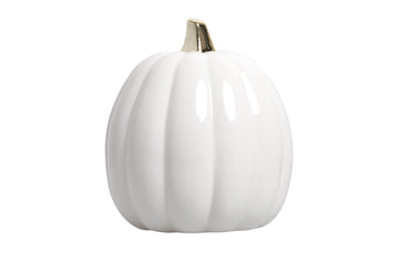 Ceramic Pumpkin Fall Decor with Gold Stem, White
