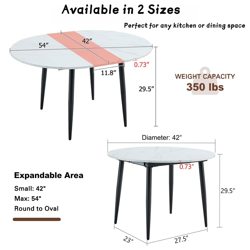 42"-54" Round to Oval Extendable Dining Room Table, White Faux Marble & Wood Grain Top with Black Metal Legs, Modern