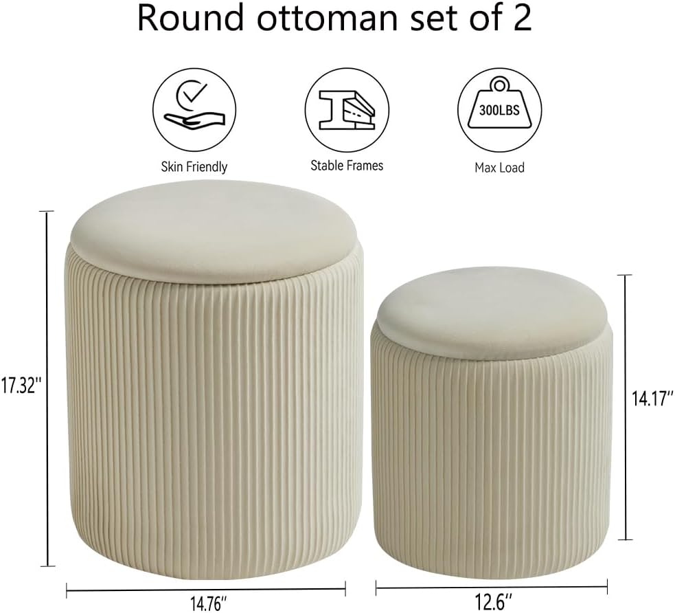 Set of 2 Round Storage Ottoman, White Velvet Ottoman with Storage | Upholstered Padded Vanity Stool, Multifunctional