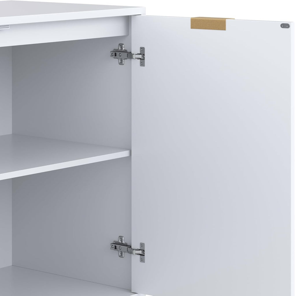 Enloe Modern Storage Free Standing Accent Cabinet White with Doors in a Rustic Pine Wood Finish and Gold