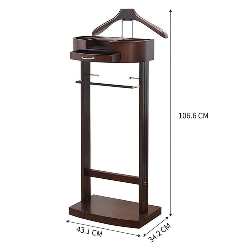 Wooden Valet Stand for Men and Women, Freestanding Suit Organizer with Drawer, Tray & Trouser Bar, Clothes Valet
