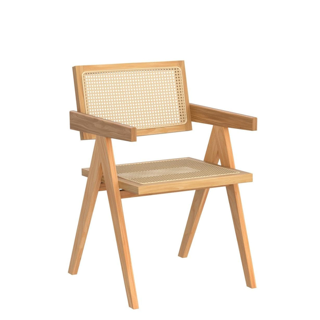 Cane Dining Chair with Arms Set of 4, Solid Wood Tone Frame