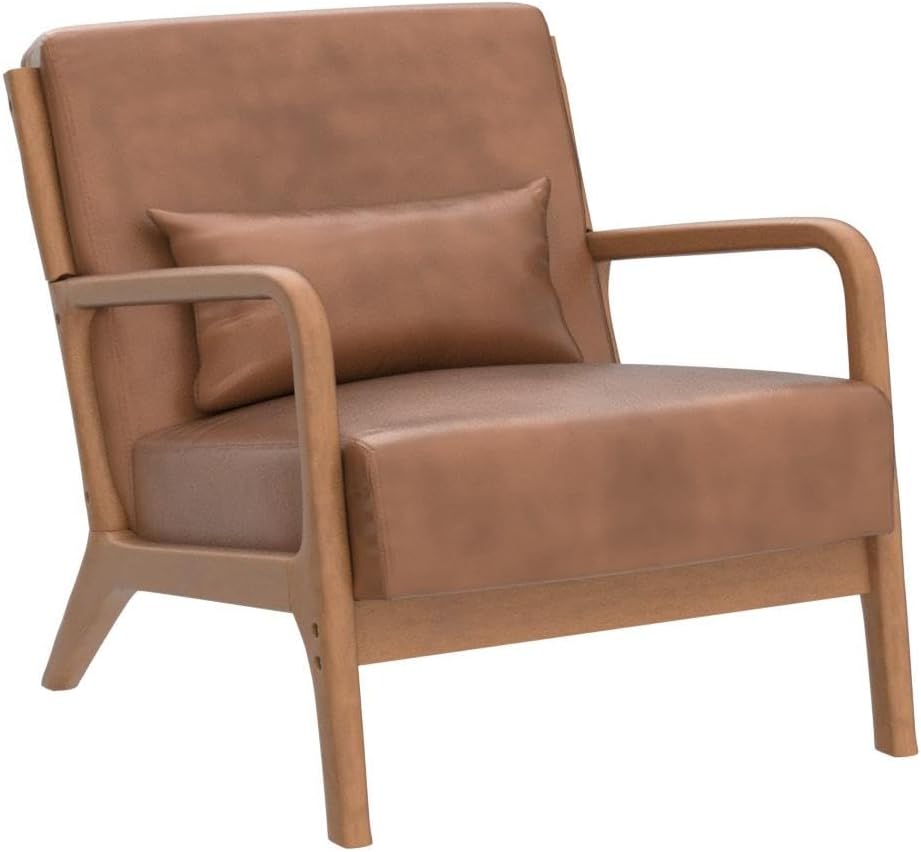 Mid Century Modern Accent Chair with Wood Frame, PU Leather Reading Armchair with Waist Cushion, Upholstered Living
