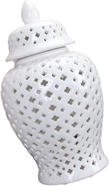Ceramic Ginger Jar Display Lattice Hollow Vase Temple Storage Handicraft Ornament for Desktop Office Countertop Decor