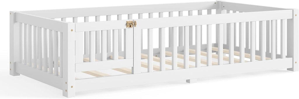 Twin Floor Bed with Slats, Fence and Door, Twin Size Montessori Floor Bed for Kids, Girls, Boys, Easy Assemble