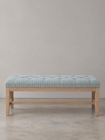 Province Linen Tufted Upholstered Bench - White Distressed Wood Legs with Nailhead Traditional Coastal Contemporary