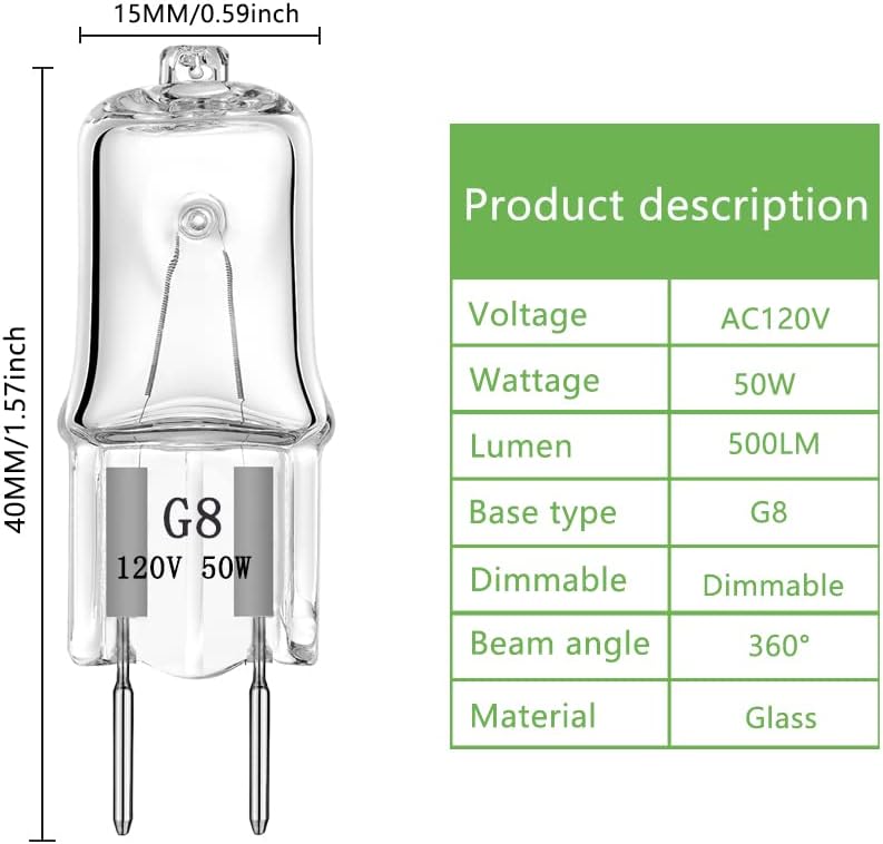 G8 Light Bulbs 50W 120V Halogen Light Bulb G8 Base Bi-Pin 50W T4 JCD Warm White, Microwave Oven Replacements, Candle