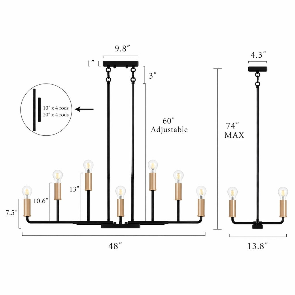 48" Large Black and Gold Chandelier, Modern 12-Light Linear Chandeliers Dining Room Light Fixtures Industrial Kitchen