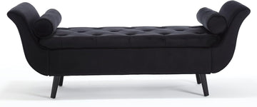 65" Black Velvet Storage Bench End of Bed Couch, King Size Tufted Upholstered Ottoman Benches with Rolled Arms and