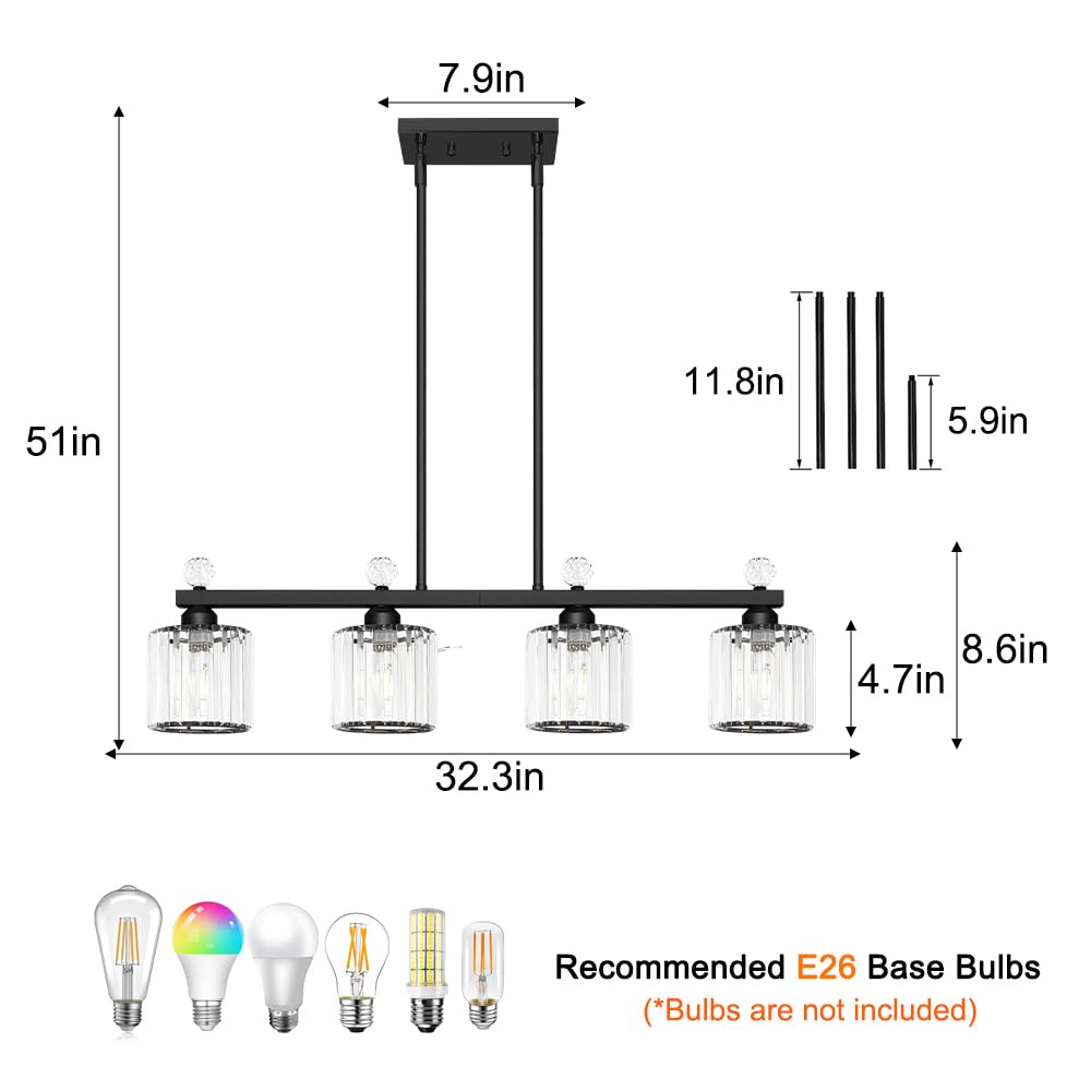 32" Crystal kitchen Island Lighting, 4-Light Black Linear Pendant Light