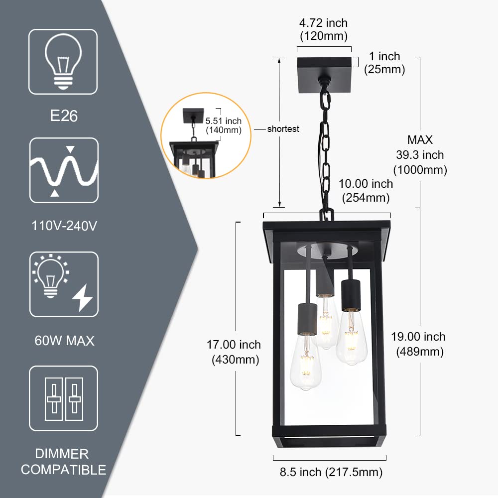 3-Light Black Outdoor Pendant Light Fixture, Adjustable Exterior Hanging Lantern Porch Light