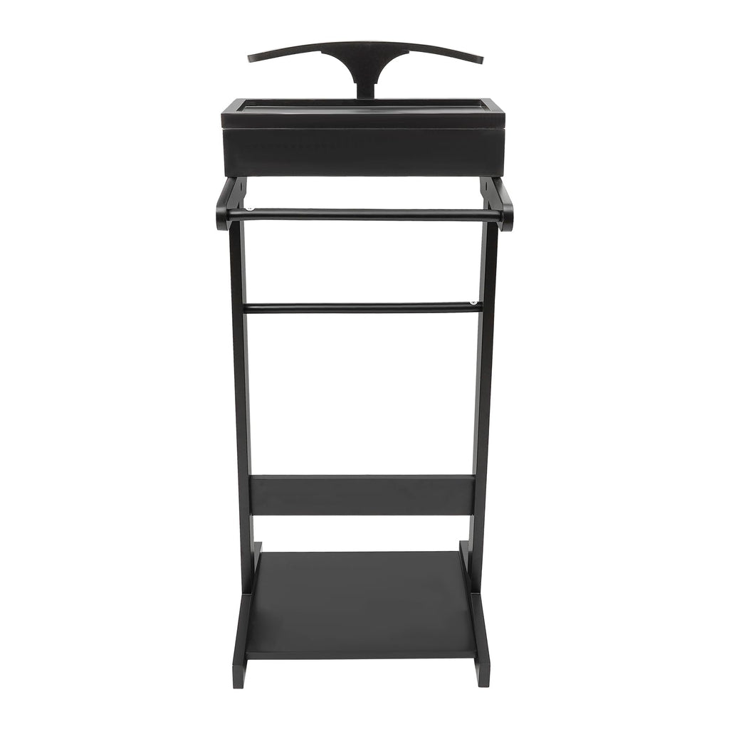 Wood Mens Valet Stand With Shoe Shelf, Coat Hanger and Hat Rack - Freestanding Suit Stand and Clothes Butler With