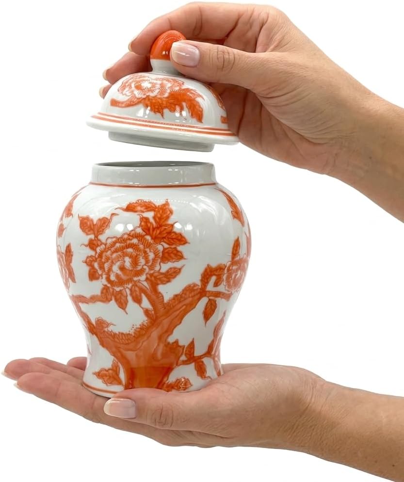 8" Ceramic Ginger Jar w/Lid - Classic Chinese Style Porcelain Jar Tea Storage Decor Decorative Centerpiece Vintage