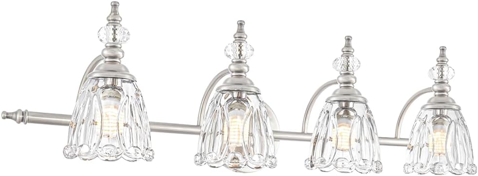 4 Light Brushed Nickel Bathroom Light Fixture, Antique Vanity Light with Flower Glass Shade, Bathroom Vanity Light