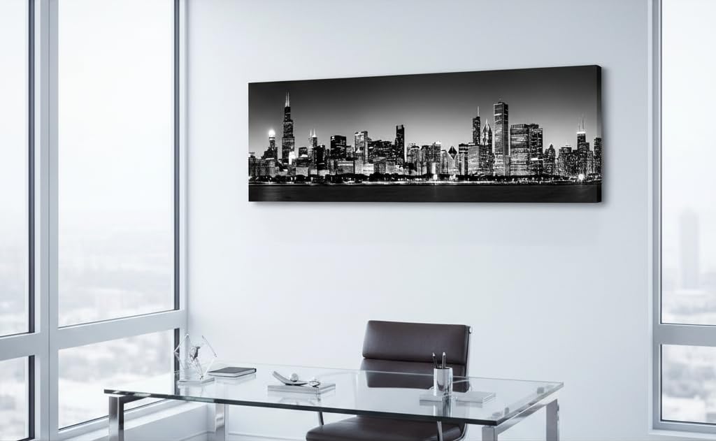 Chicago Skyline Canvas Wall, 14x48 inch Large Black White Decor