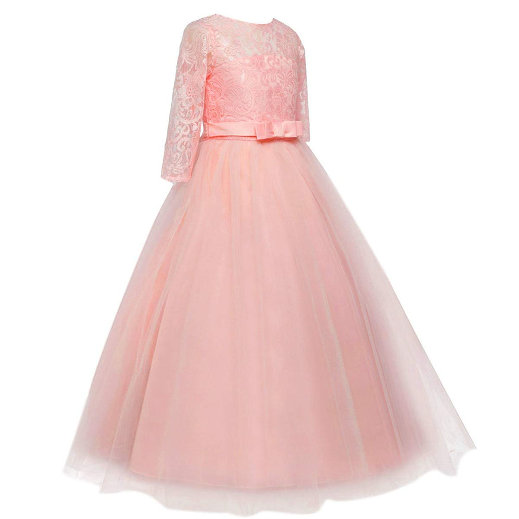 Flower Girls 3/4 Sleeve Tulle Lace First Communion Dress Birthday Christening Pageant Wedding Party Ball Gown Pink